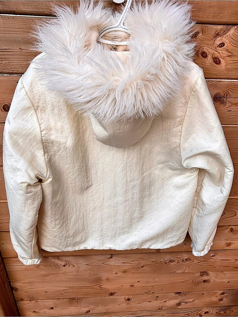 Vintage Linda Lundström Cream Nylon/Fleece Jacket - Faux Fur Trim Hood